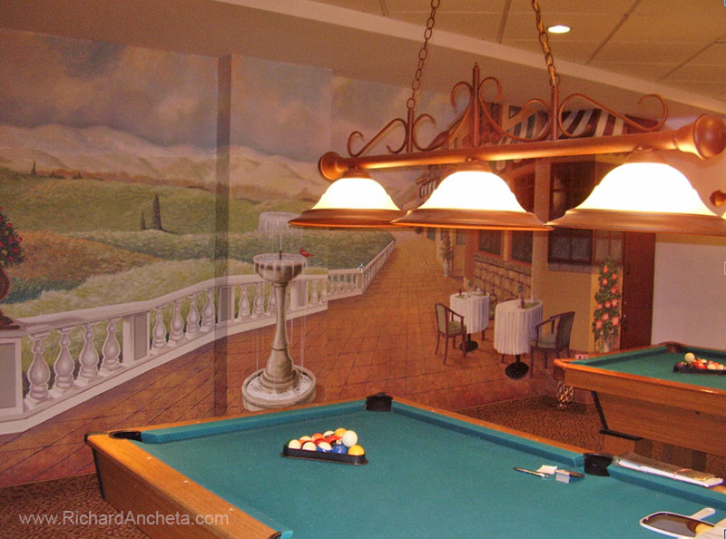 Pool billiard mural trompe loeil painting by Richard Ancheta - Montreal